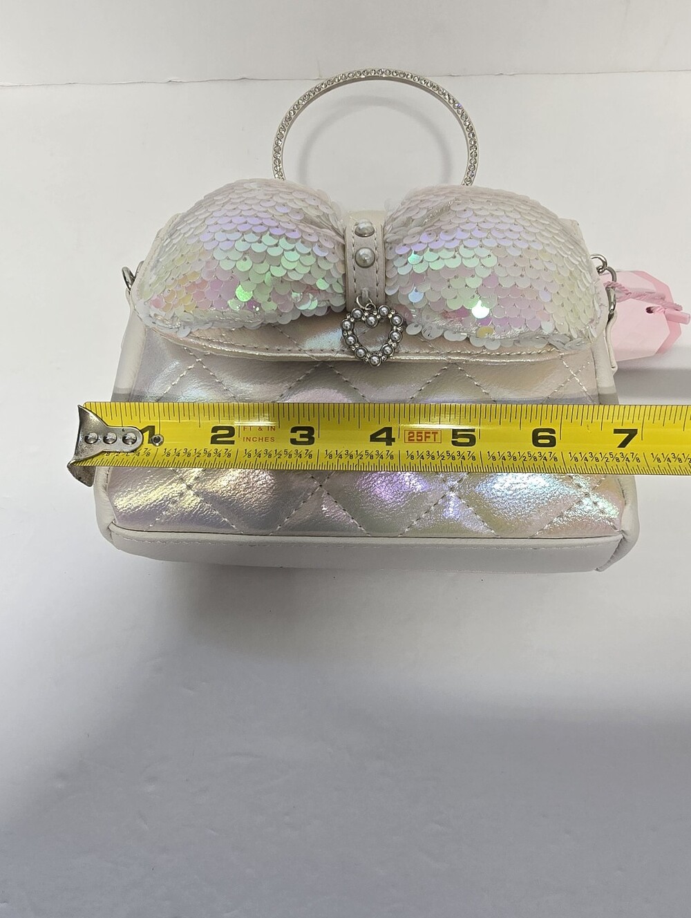 NWT OMG Accessories White Pearlescent Sequin Bow Bling Ring Handle Crossbod Bag - Picture 11 of 13